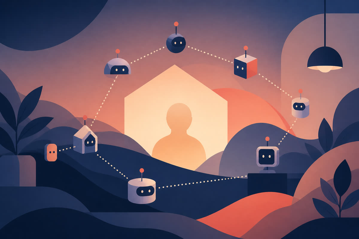 Illustration of specialized bots orbiting a central meat proxy silhouette